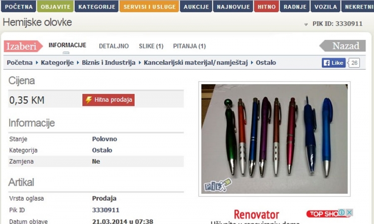  Prodaje polovne hemijske olovke za 0,35 KM