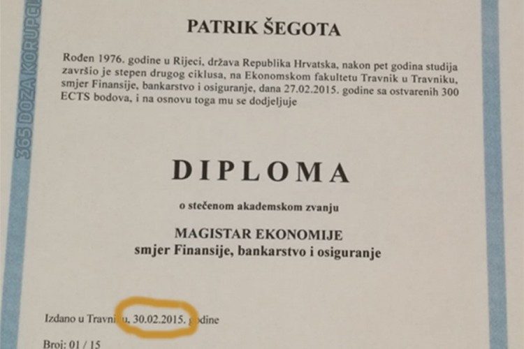 Hrvatu izdana diploma fakulteta u Travniku 30. februara?