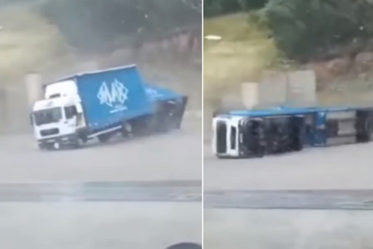 Objavljen snimak: Pogledajte kako je vjetar prevrnuo kamion