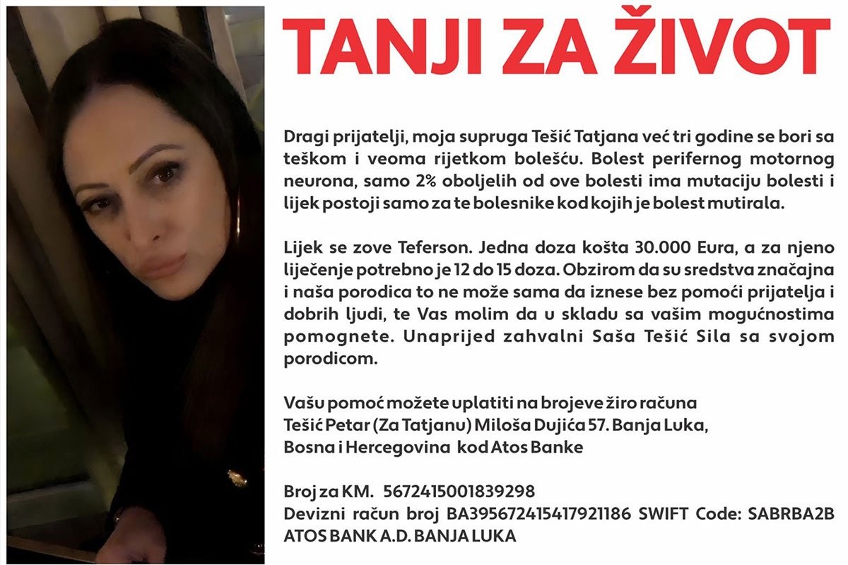 Ponavljamo apel: Potrebna pomoć Tatjani Tešić koja se bori sa teškom bolešću